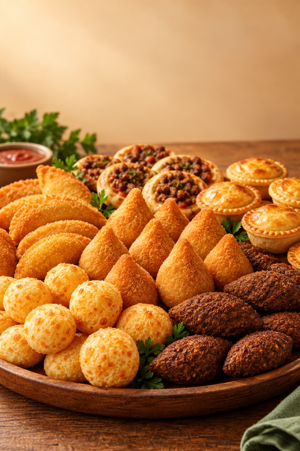 Bandeja de salgados de festa dourados com coxinhas, bolinhas de queijo, kibes e empadinhas